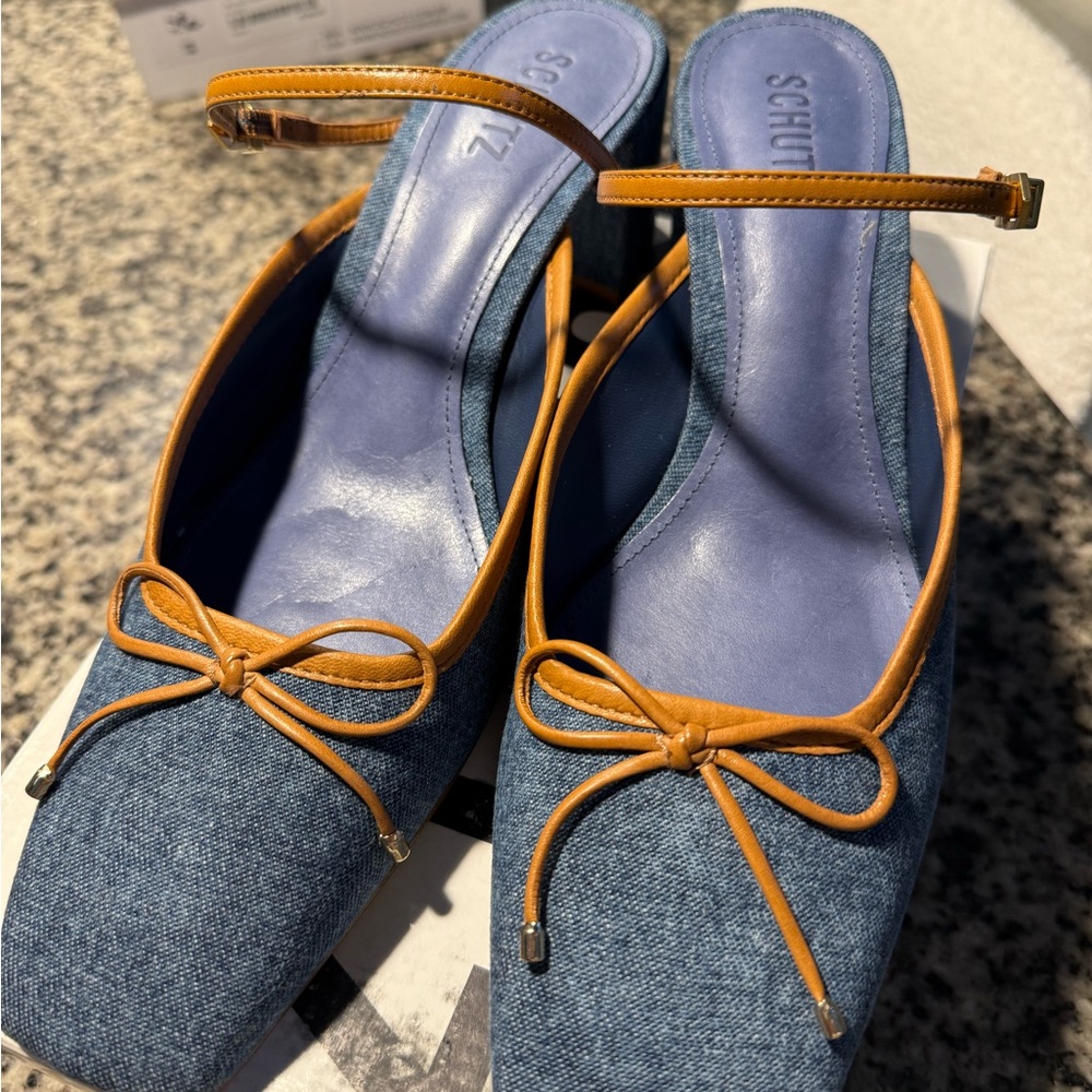 SCHUTZ Denim Blue and Tan Heels